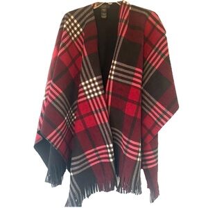 RACHEL Rachel Roy Red and Black Plaid Fringed Cape Shawl One Size